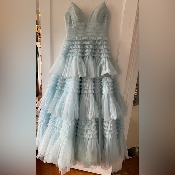 Sherri Hill Light Blue Tiered Gown with Silver Accents - Picture 3 of 6